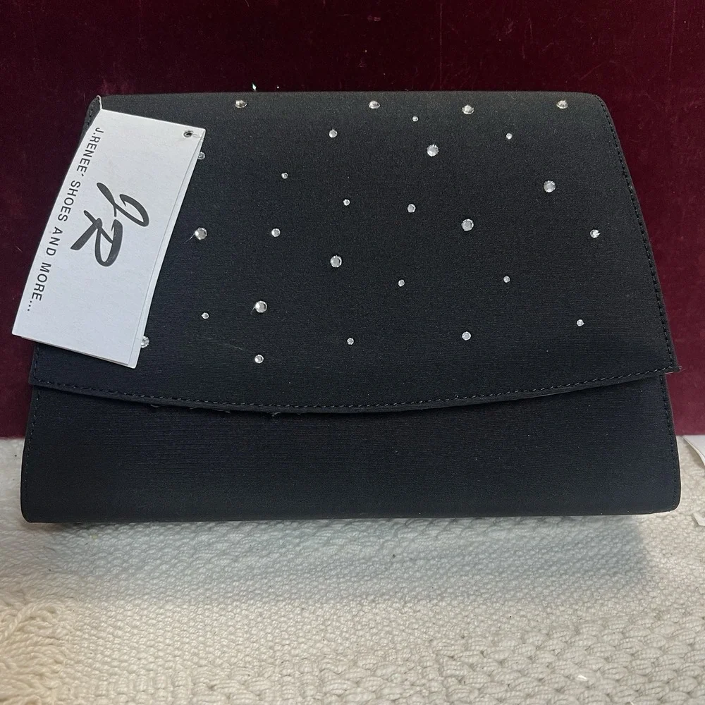 J Renee Handbag Crossbody Clutch Black Fabric clear, rhinestones, New w/ Tag‎